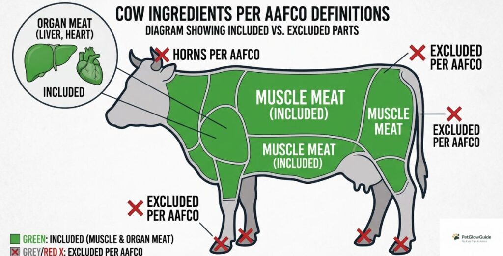An educational diagram of a cow showing which parts are included in beef meal (muscle and organ meat) and which are excluded (horns, hooves, and hide) per AAFCO standards.