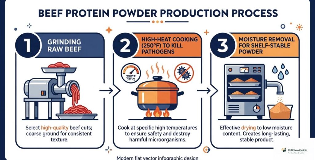 A step-by-step infographic showing the rendering process: grinding raw beef, high-heat cooking to kill pathogens, and moisture removal to create shelf-stable powder.