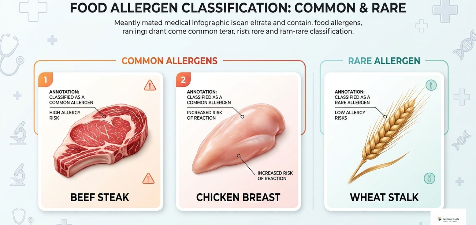 Infographic showing beef and chicken as common dog allergens and wheat as a rare allergen