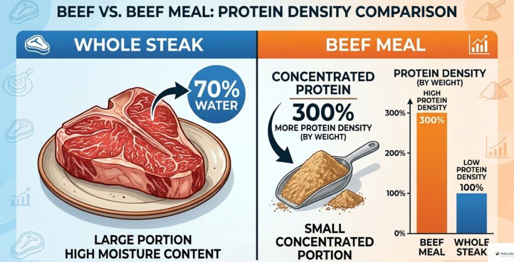 A comparison chart showing that fresh beef contains 70% water while beef meal is a concentrated source with 300% more protein density by weight.