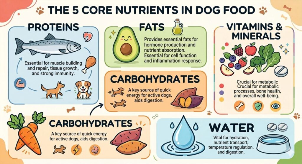  “Nutritional breakdown of dog food: proteins, fats, carbohydrates, vitamins & minerals, and water