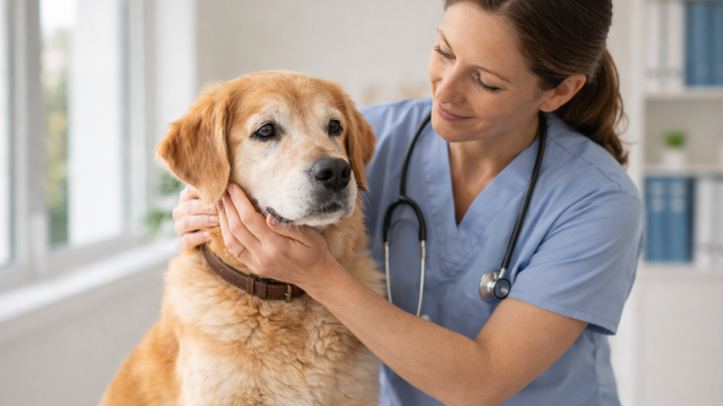 senior dog wellness exam at vet