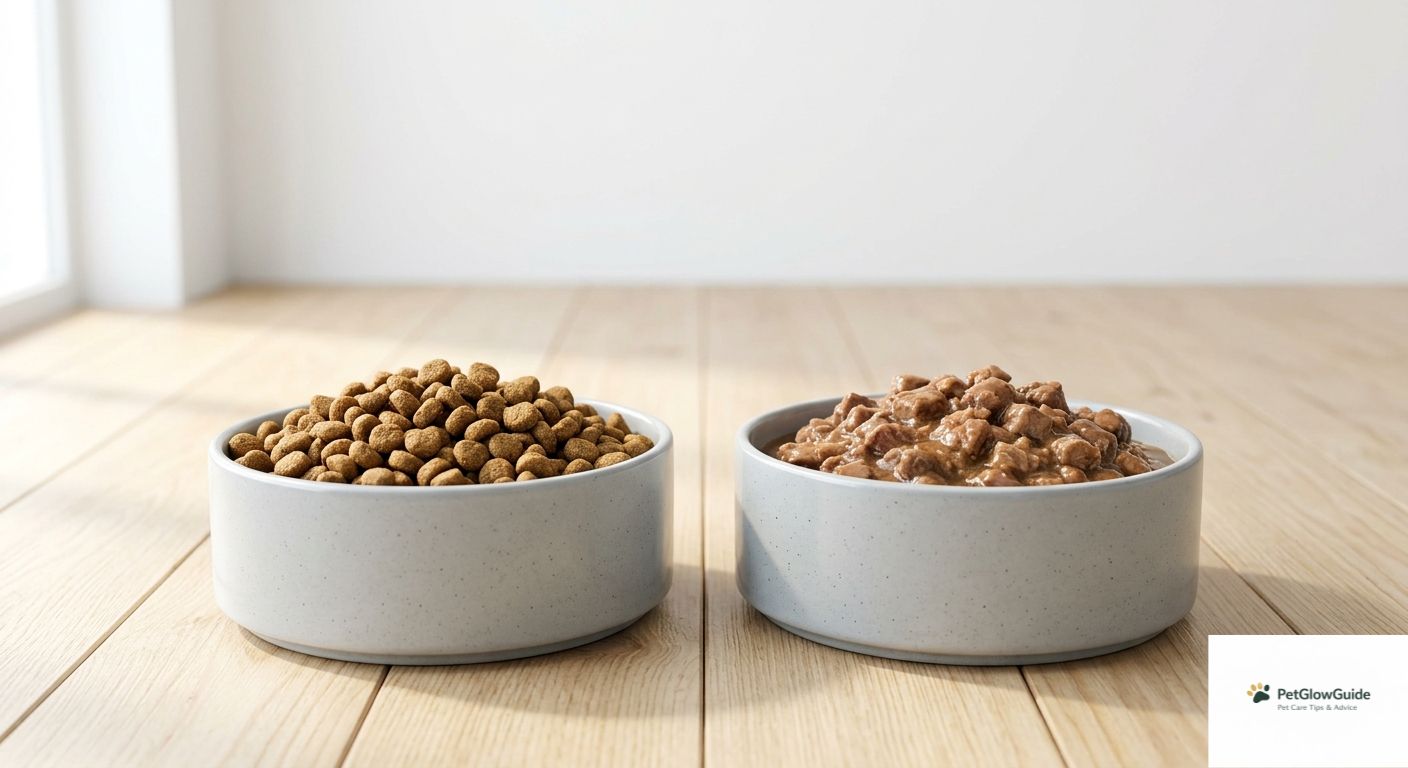A bowl of dry kibble next to a bowl of wet canned dog food, representing moisture difference for protein calculation.calculating dog food protein on dry matter basis