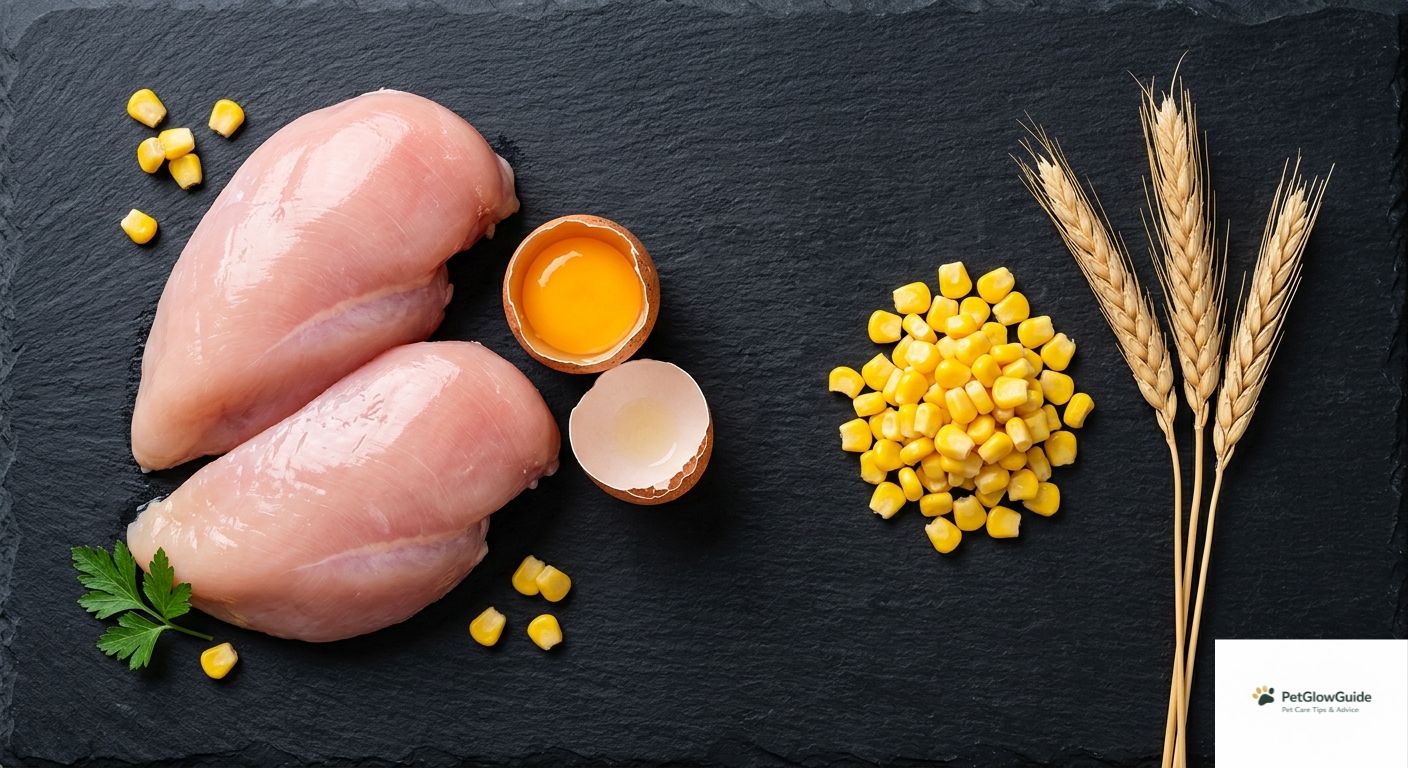 Side-by-side comparison of high-quality animal proteins like eggs and chicken versus plant proteins like corn and wheat.