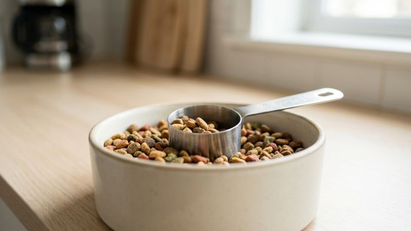 Silver measuring scoop in a bowl of dry kibble representing a gradual dog food transition schedule