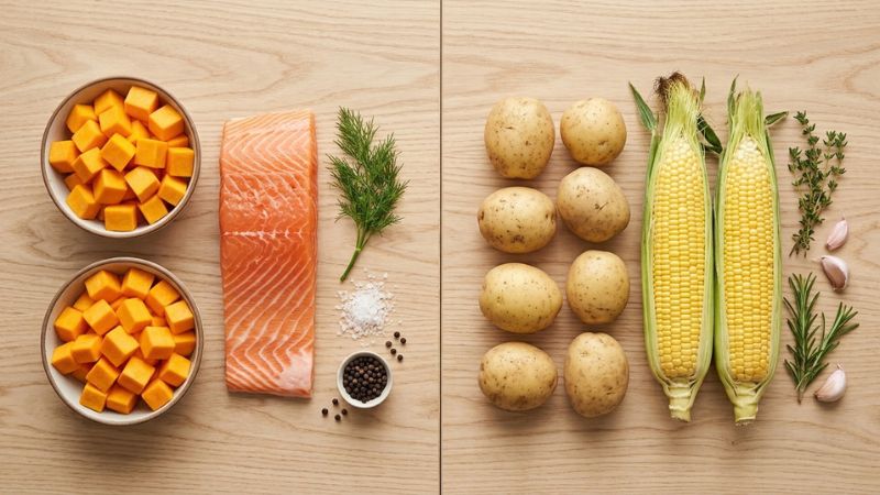 Comparison of low-glycemic dog food ingredients like salmon and pumpkin versus high-starch ingredients like white potato and corn