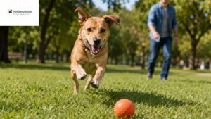 Dog fetching a ball during supervised outdoor play
