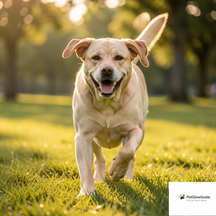 A happy and active senior dog running through a green grassy park.