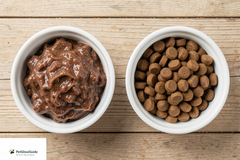 A side-by-side comparison view of wet canned dog food and dry dog kibble in two bowls.
