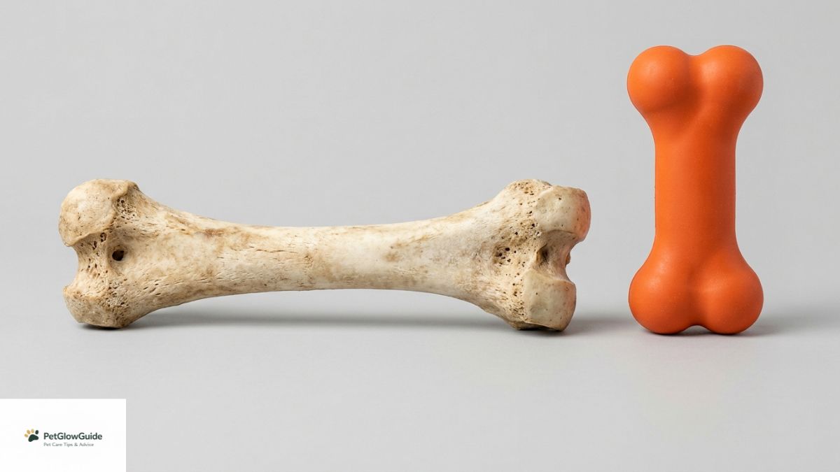 A real bone next to a safer rubber chew toy for dogs