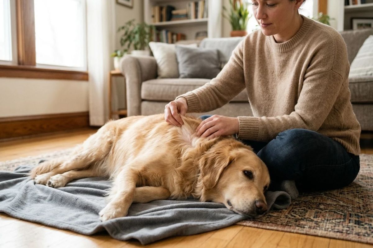 Dog owner parting their dog's fur to look at the skin