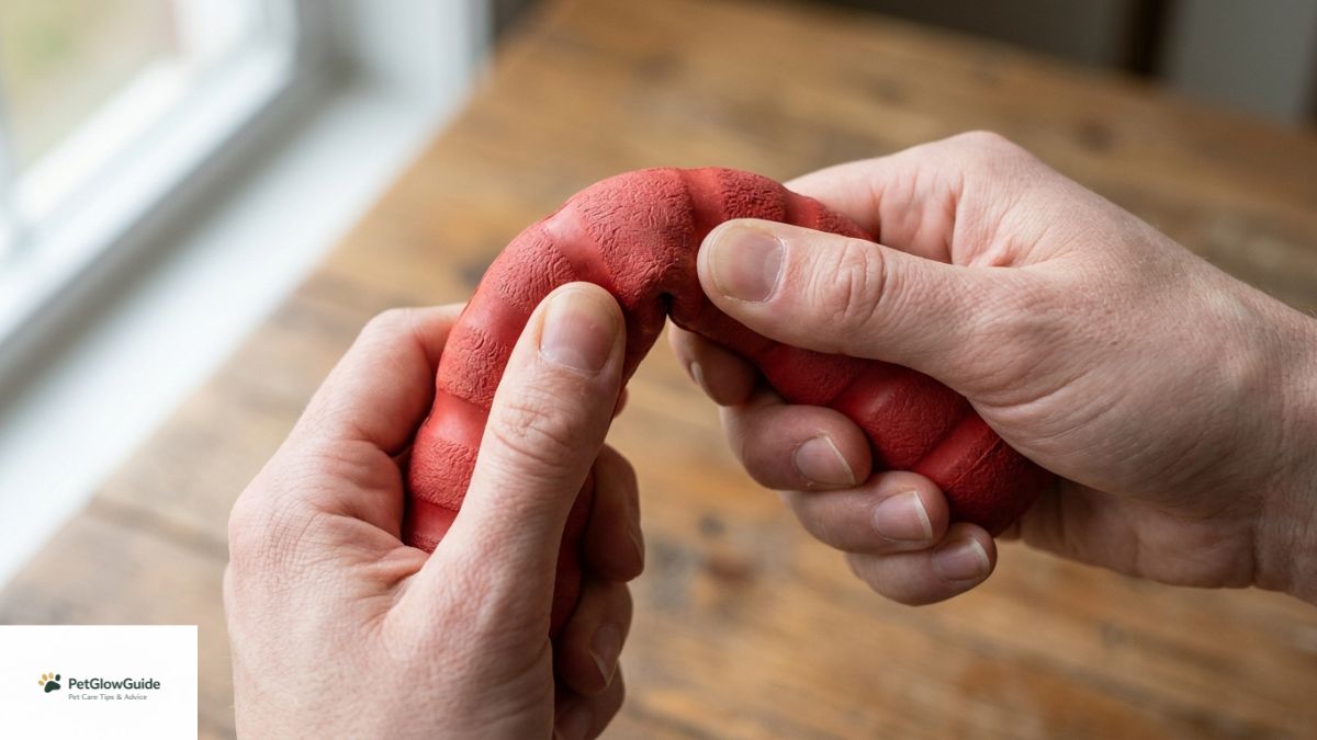Hands testing the flexibility of a dog chew toy