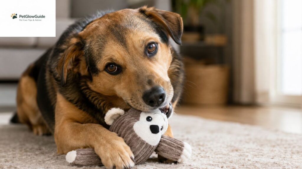 Dog gently chewing a soft toy, an example of a nibbler chewing style