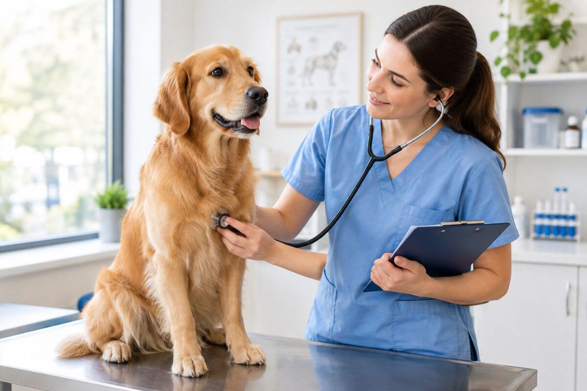Veterinarian examining a dog during a health certificate checkup