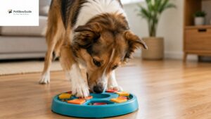 Dog playing with an interactive puzzle toy indoors