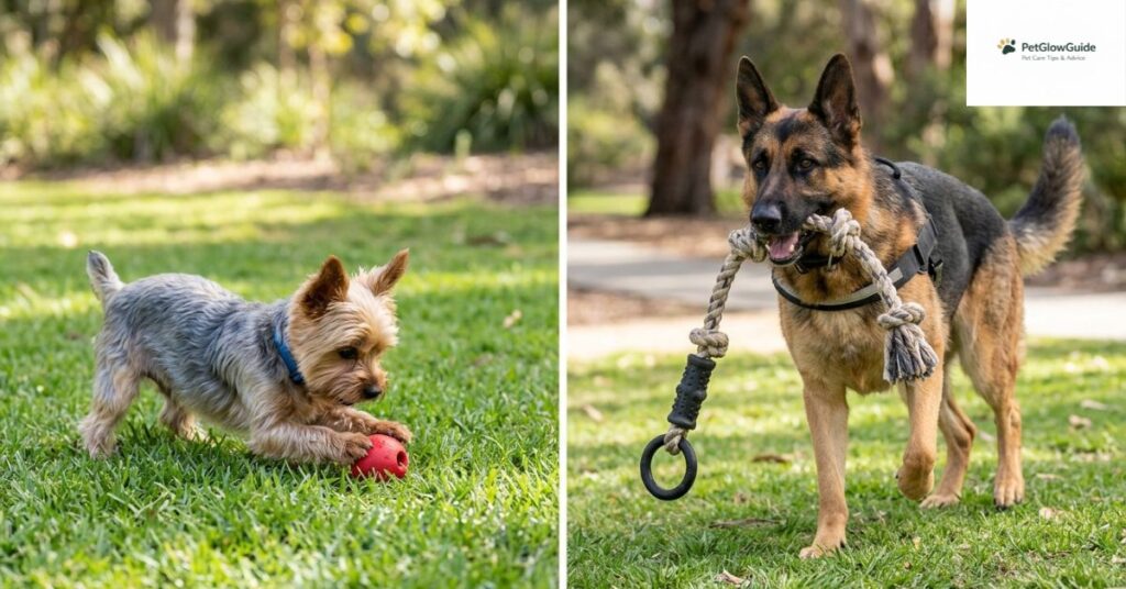 Small dog and large dog each playing with size-appropriate toys