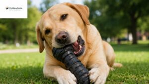 Large dog chewing a durable rubber chew toy outdoors