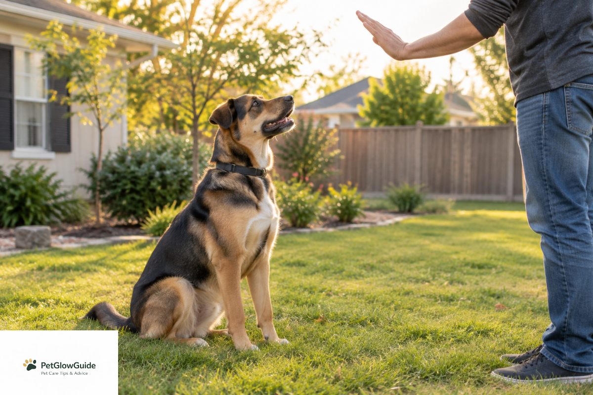 Dog sitting attentively during obedience training in a home yard