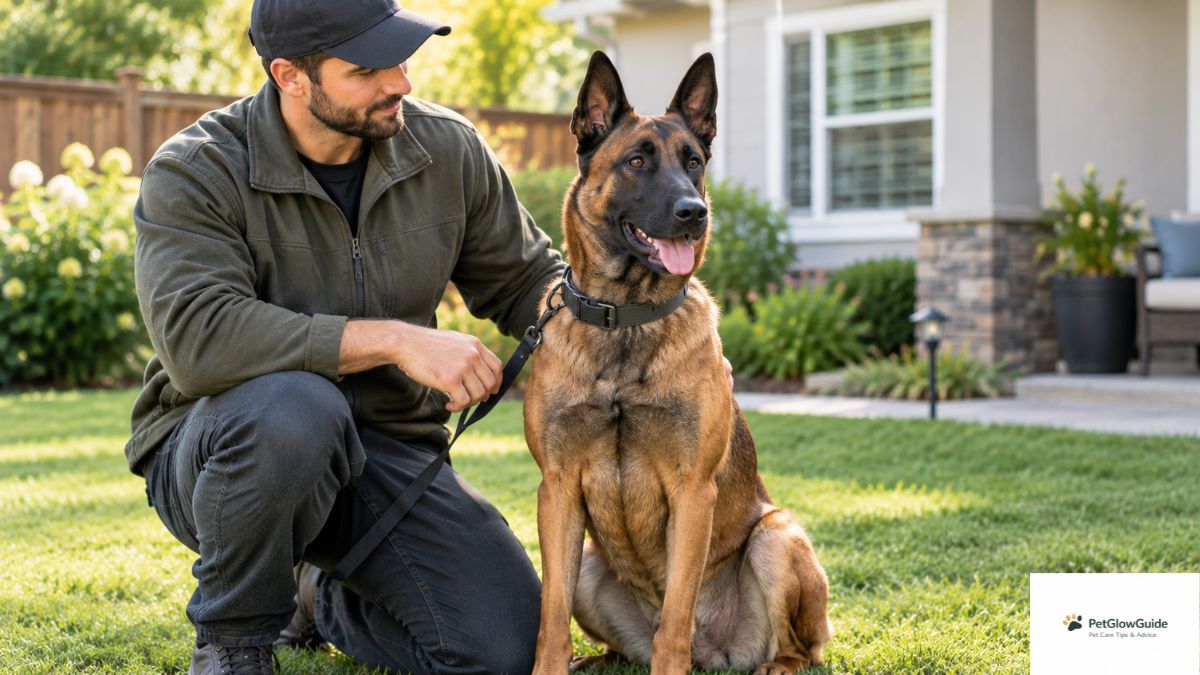 Alert guard dog sitting beside handler during training session