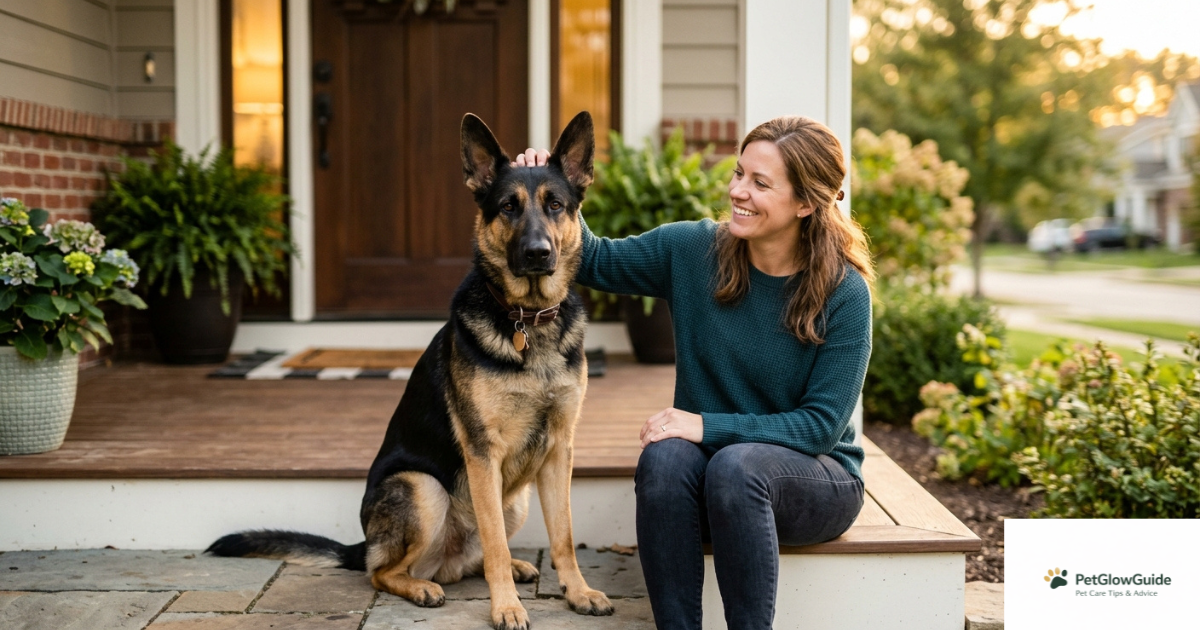German Shepherd guard dog sitting alert beside owner during training