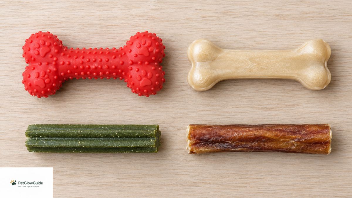 Different types of dog chew toys including rubber, nylon, and dental chews