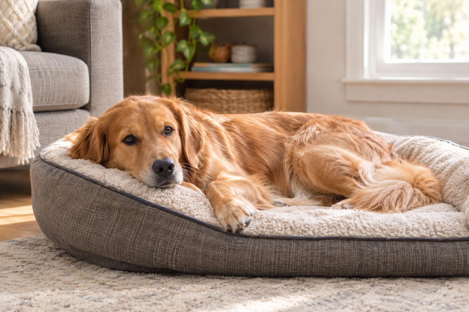Dog resting quietly on a bed at home