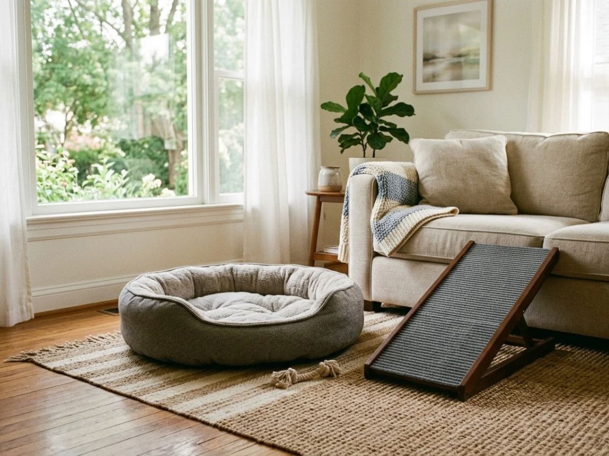 Padded dog bed and ramp set up for an older dog at home.