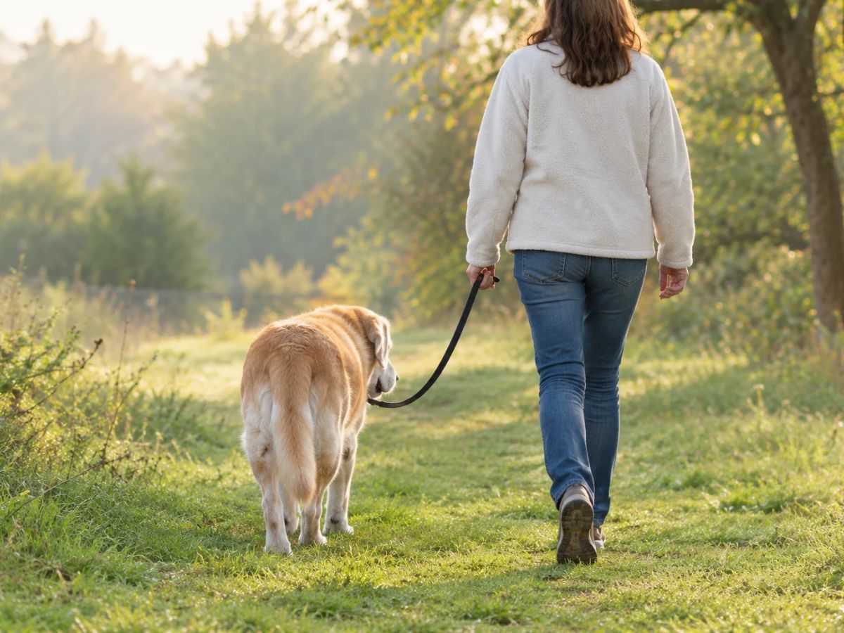 Owner walking an older dog on a soft grass path.