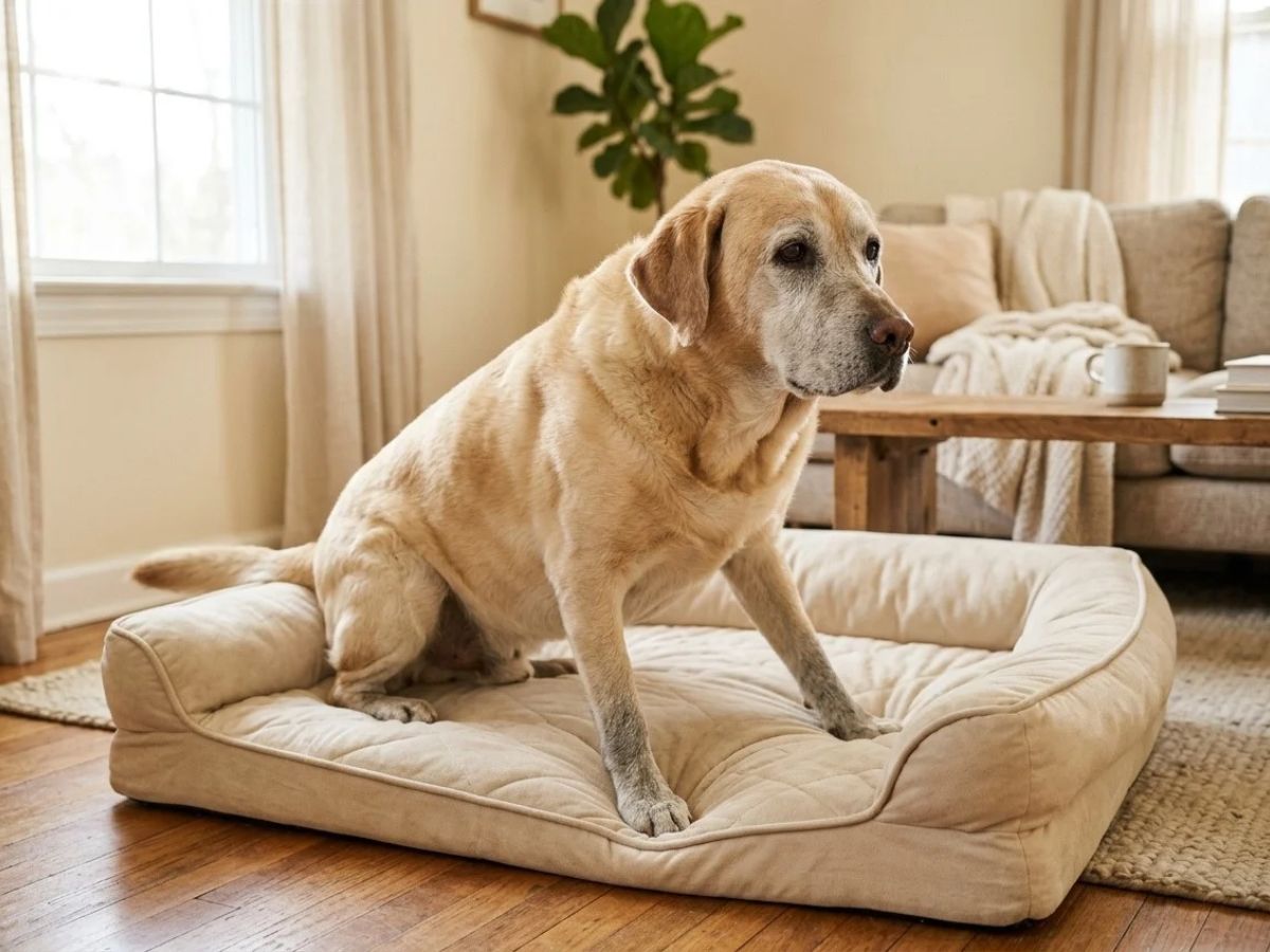 Older dog slowly getting up from a dog bed.