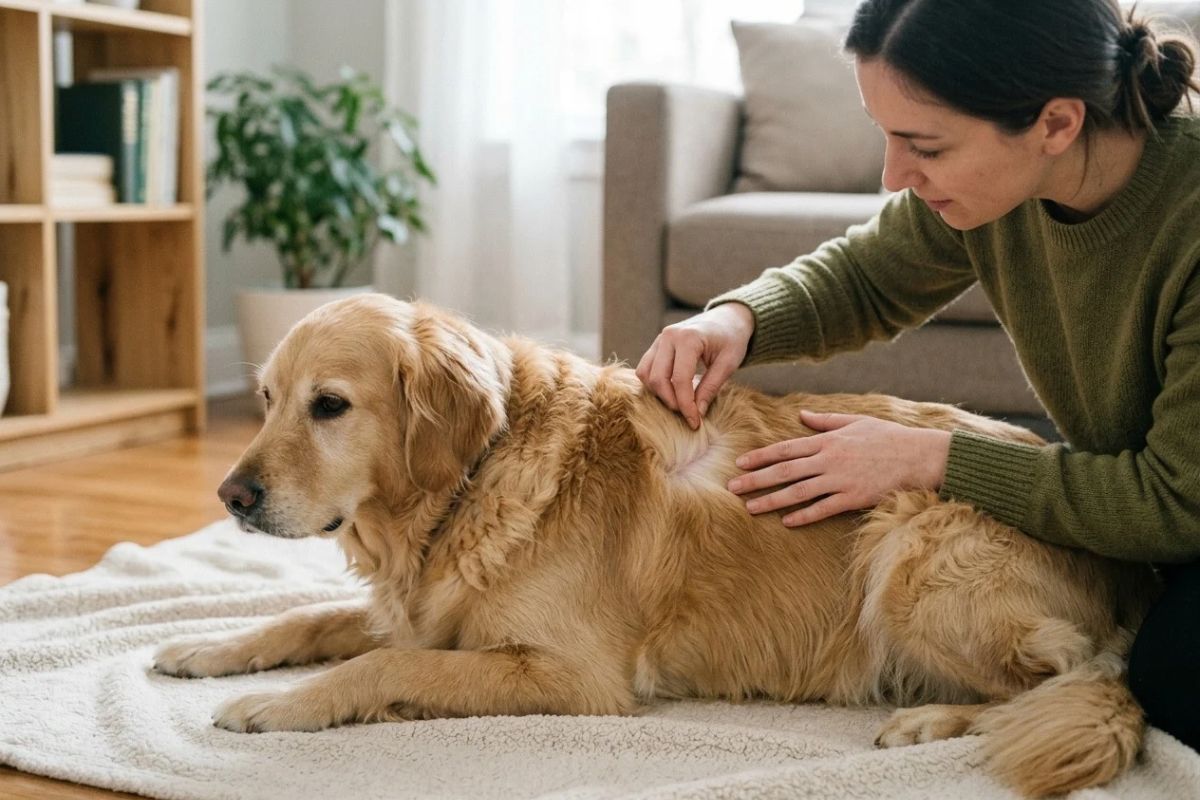 Dog owner gently parting a dog's fur to check the skin