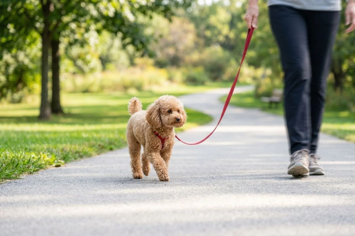 Dog owner walking a small Toy Poodle on a gentle leash walk on a paved trail.