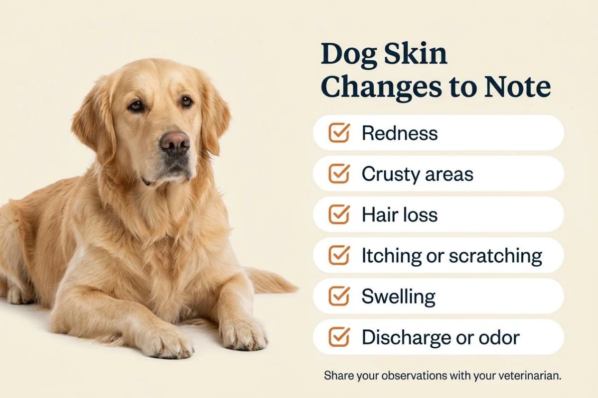 Checklist graphic showing skin changes dog owners can note before a vet visit