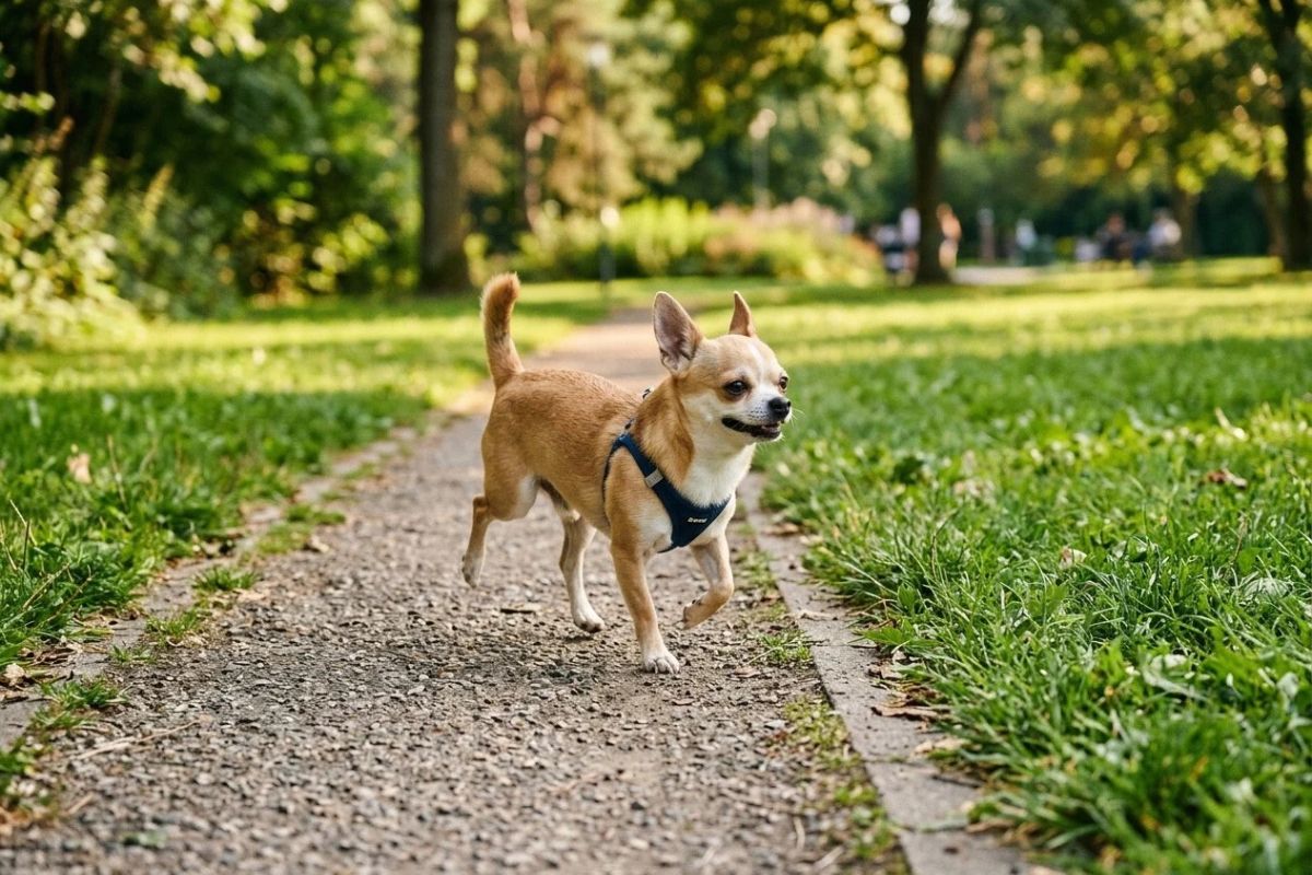 A small Chihuahua walking in a sunny park with one hind leg slightly lifted.