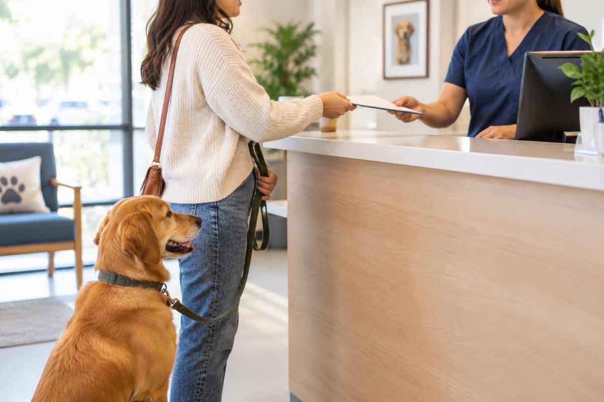 Dog owner showing a vaccination record at a veterinary clinic