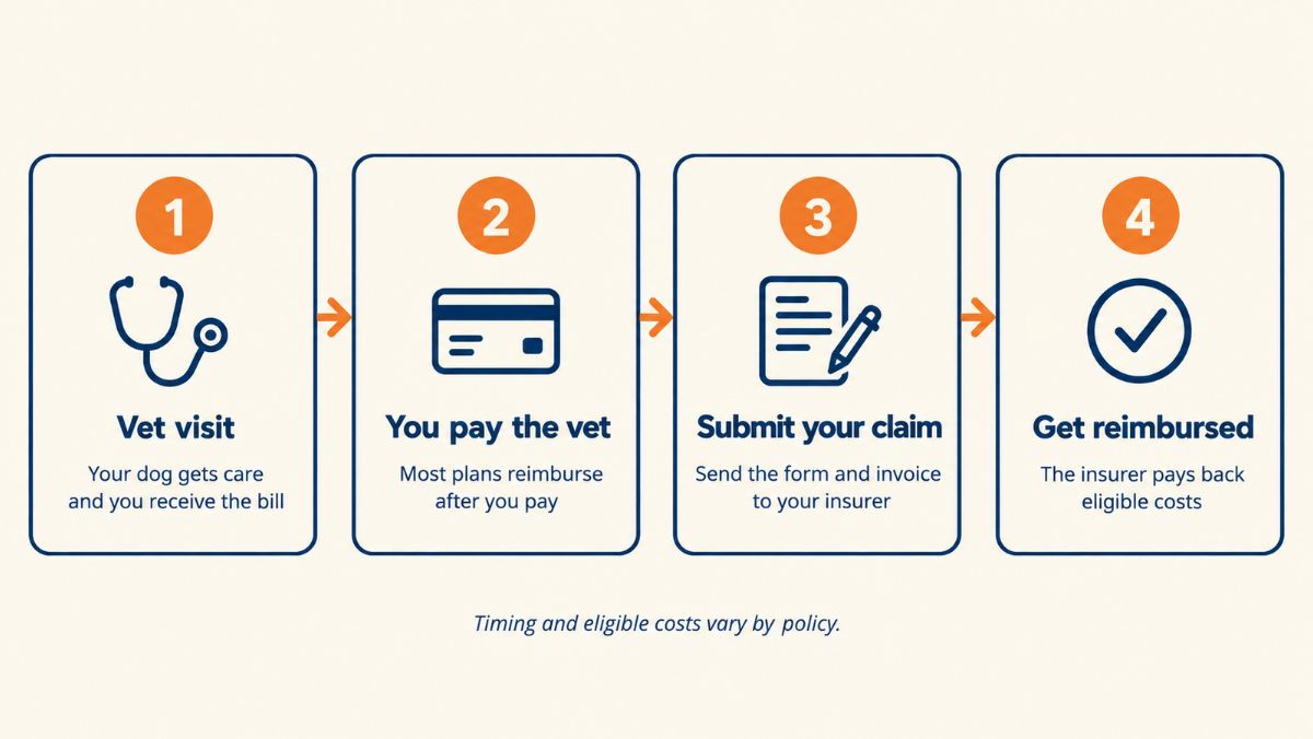 Four-step diagram of a pet insurance claim: vet visit, you pay the vet, submit your claim, get reimbursed