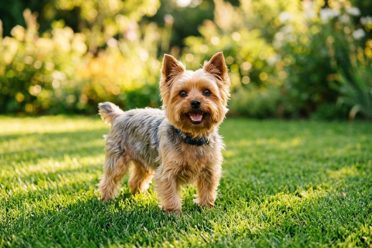 A small Yorkshire Terrier standing outdoors in a grassy park looking healthy and active.