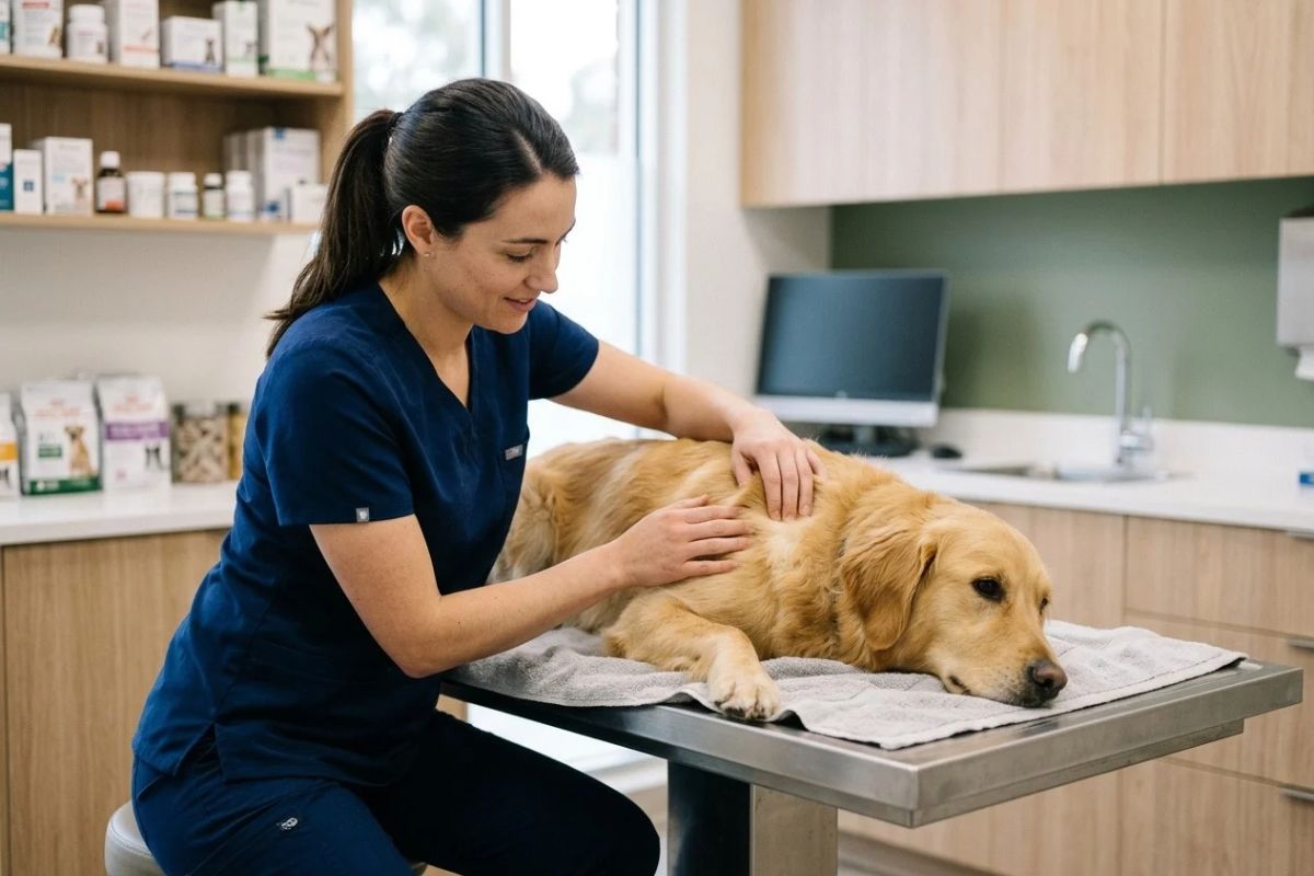 Veterinarian examining a dog's skin and coat during a checkup